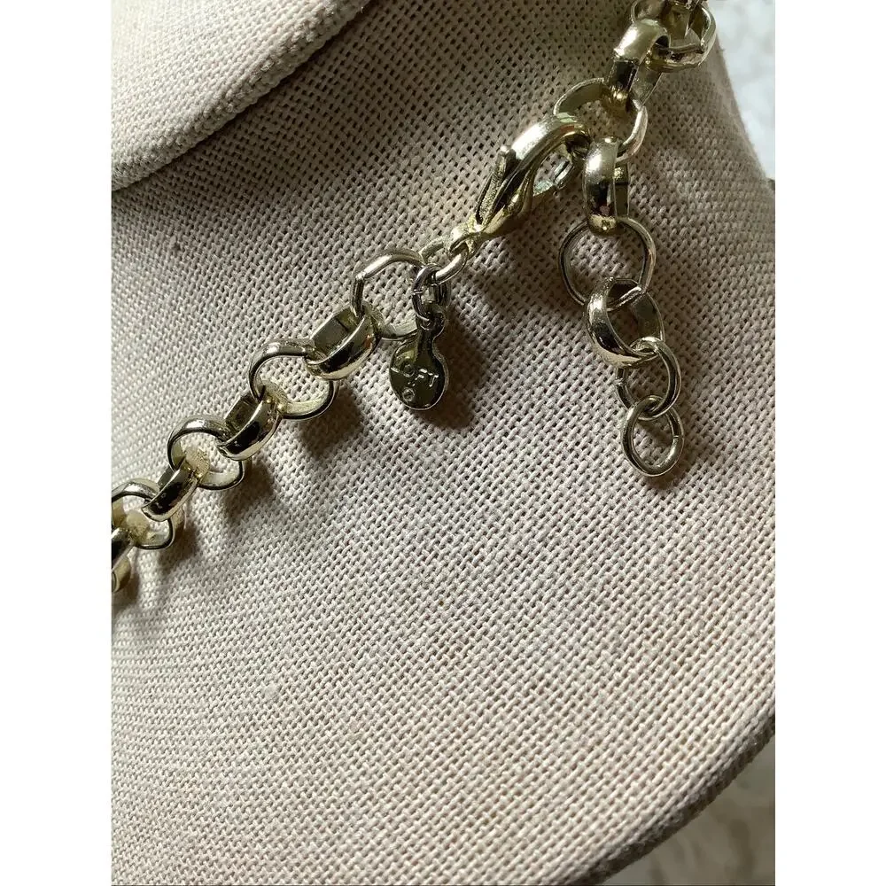 LOFT Gold Tone Chunky Chain Tassel Pom Pom Crystal Charm Necklace Boho F18-45